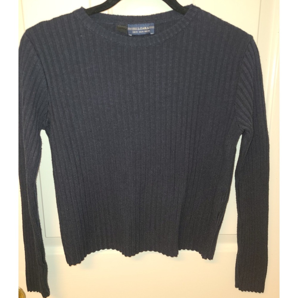 ZARA KNIT Navy Ribbed Crew Neck Cropped Sweater‎ Crop Size Med Minimalist